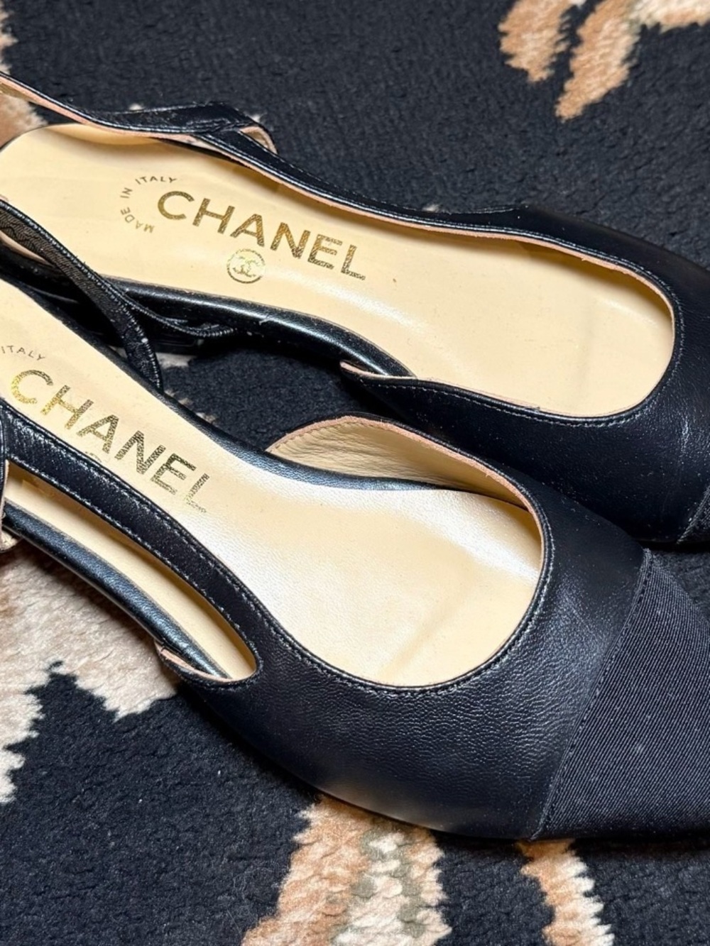 CHANEL Black Leather & Fabric Slingback Heels